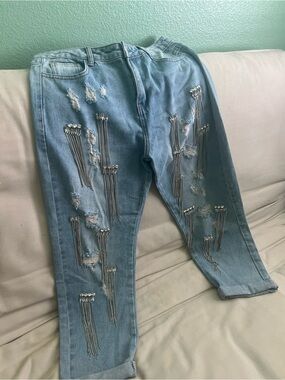 Light Blue Distressed Women's Jeans with Chain Embellishments